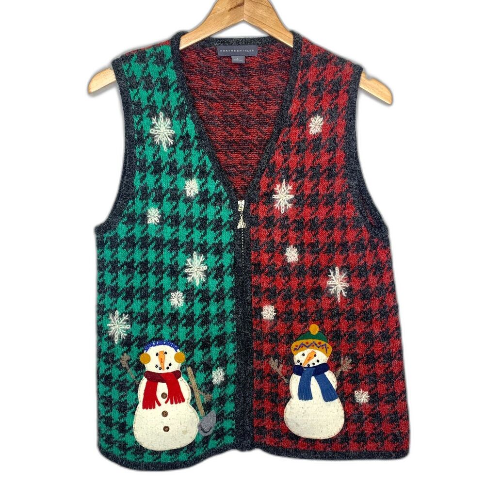 Northern Isles Wool Blend Zip Front Vest Christmas Snowman Hounstooth‎ Design Lg